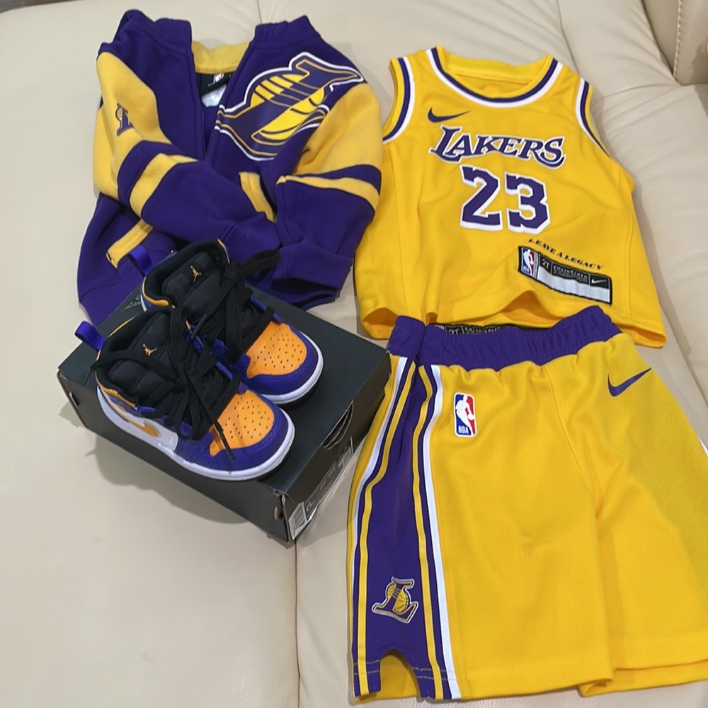 NBA Lakers Kids Yellow and Purple Jersey Set + Hoodie + Matching Sneakers